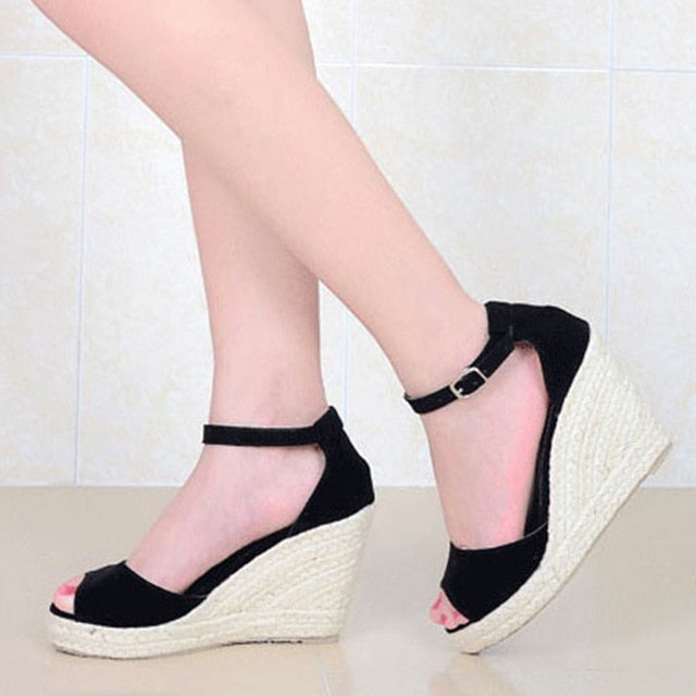 Women Plus Size Bohemian Sandals Ankle Strap Straw Platform Wedges