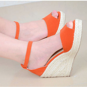 Women Plus Size Bohemian Sandals Ankle Strap Straw Platform Wedges