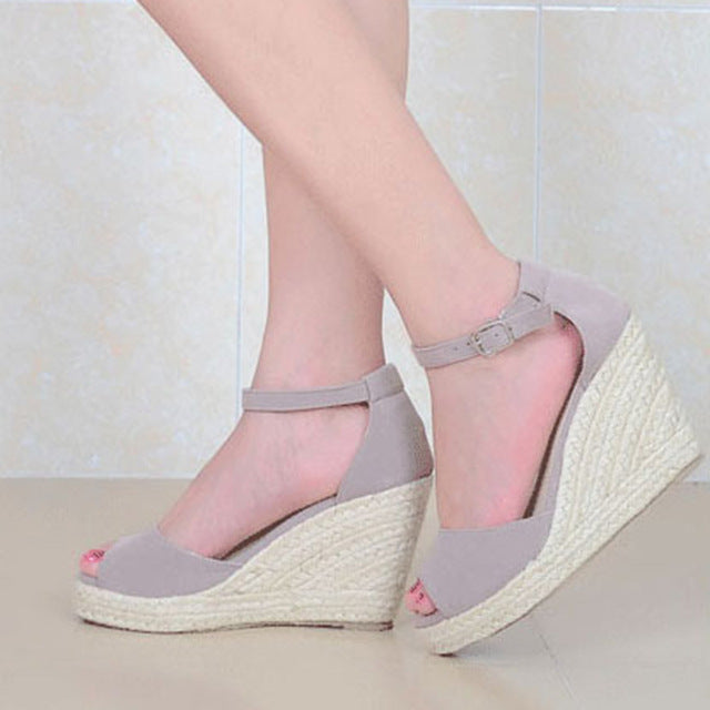 Women Plus Size Bohemian Sandals Ankle Strap Straw Platform Wedges